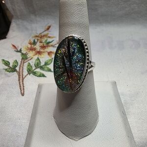 Vintage oval-shaped black fire opal Ring Made From Resin In Sterling Silver Band